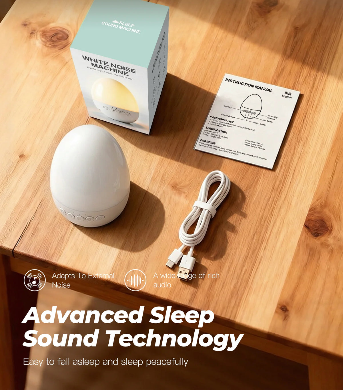 White Noise Machine Baby Cry Detection 30 Sounds Night - side angle