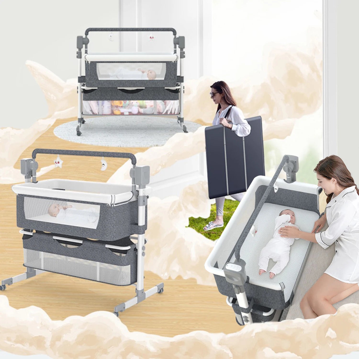Baby Rocking Bassinet Portable Newborn Cradle Bedside - front view