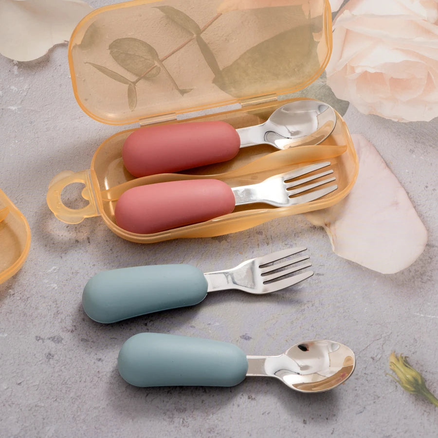 2PCS Baby Silicone Stainless Steel Fork Spoon Portable - packaging view