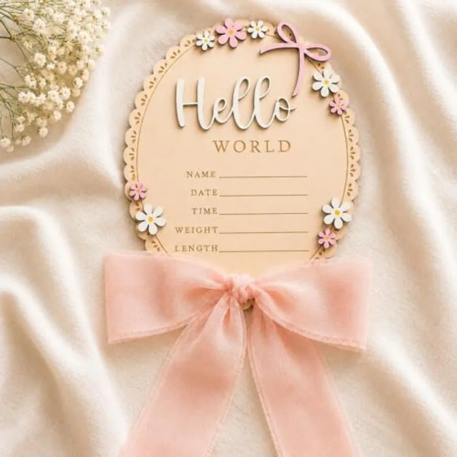 Baby Announcement Hello World Wooden Welcome Baby Sign - front view