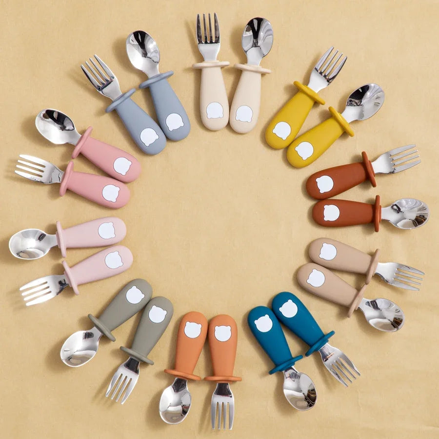 New Design Baby Feeding Solid Food Spoon Fork Set BPA - front view