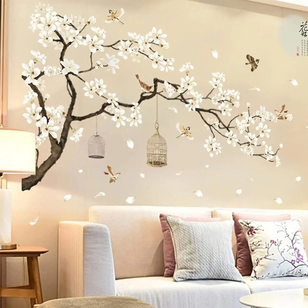 White Cherry Blossom Tree Wall Stickers, 50x74 Inch - front view