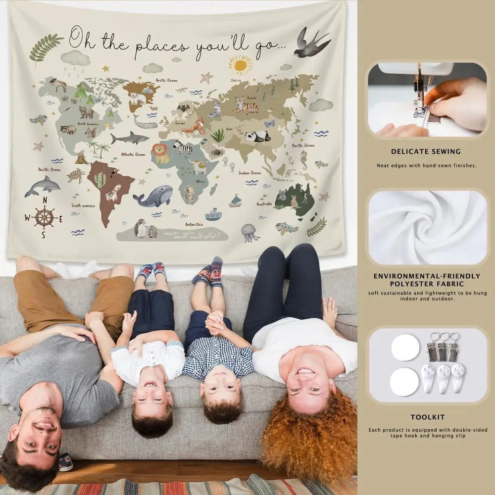 Boho Style Kids World Map Tapestry, 50x60 Inch - feature close-up