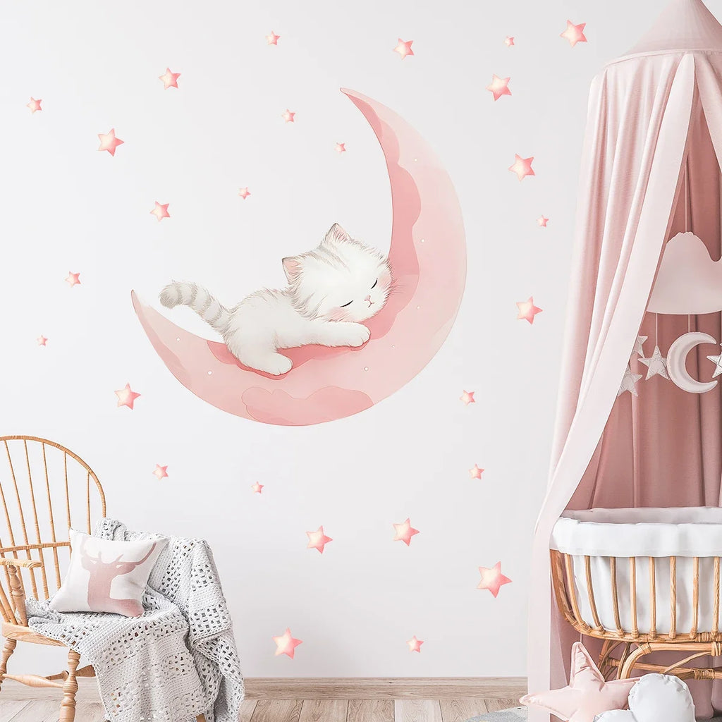Cartoon Pink Moon Cute Cat Sleep Wall Stickers Baby - size reference