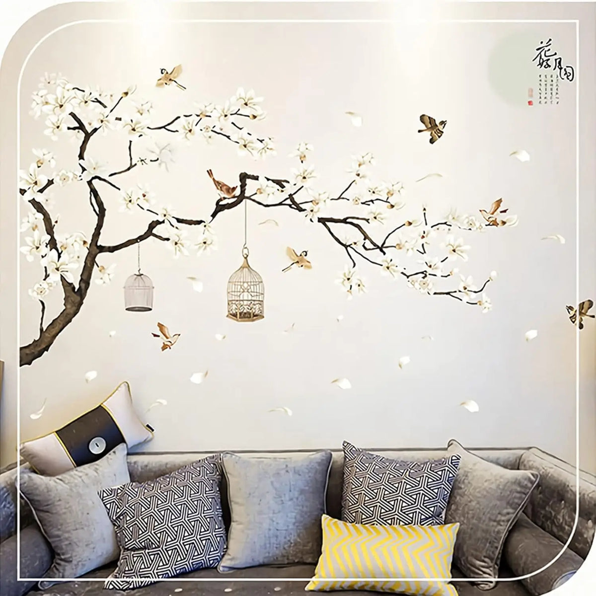 White Cherry Blossom Tree Wall Stickers, 50x74 Inch - size reference