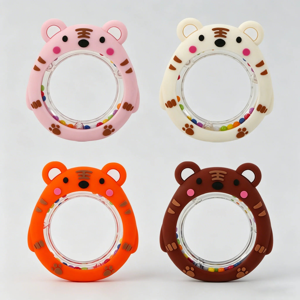 4 Pack Cartoon Tiger Silicone Teething Ring Rattle - front view