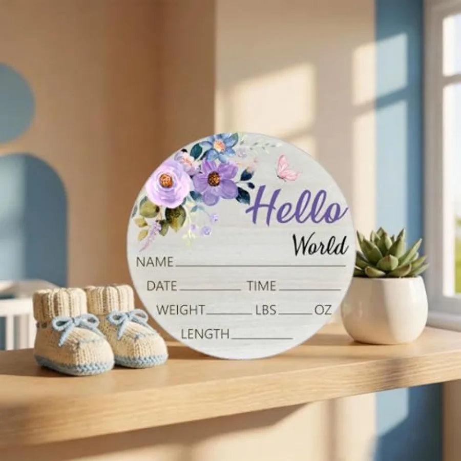 Hello World Baby Name Sign Birth Announcement Plaque - lifestyle in-use