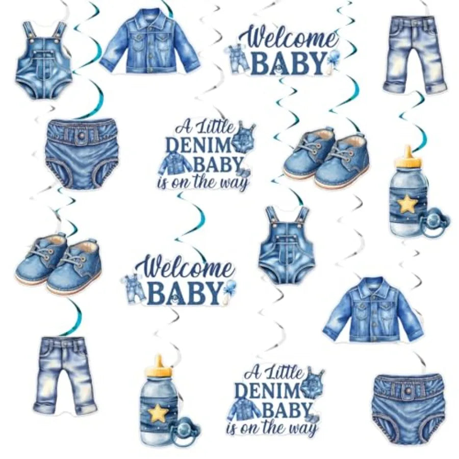 Blue Jean Denim Baby Shower Decorations, 24pcs - front view