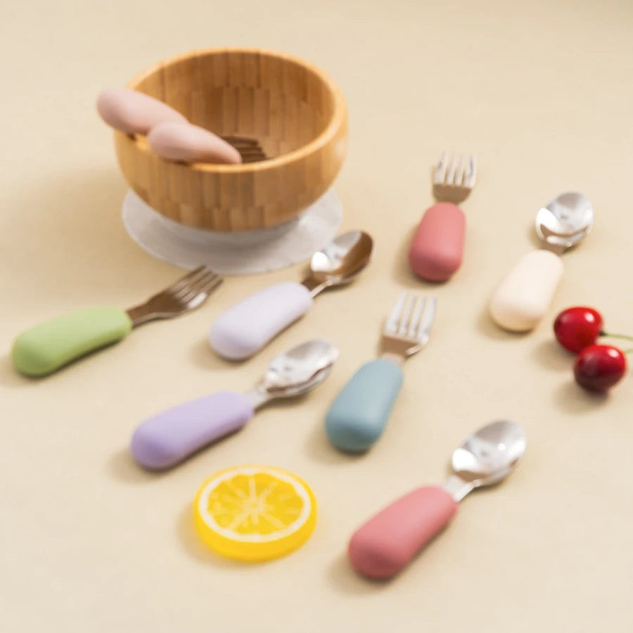 2PCS Baby Silicone Stainless Steel Fork Spoon Portable