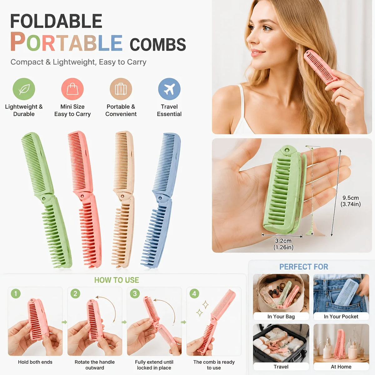 4 portable folding combs - size reference