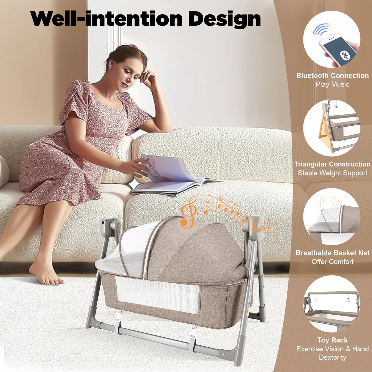 Gray/Khaki Electric Cradle Baby Swing Bed