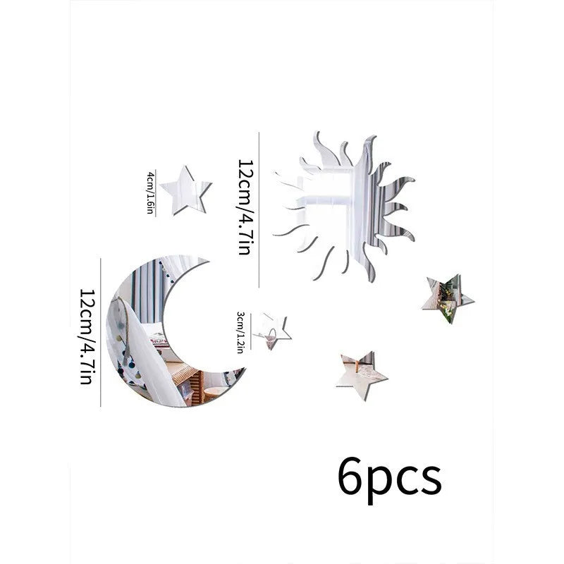 6pcs Moon Star Mirror Wall Stickers Kids Bedroom Decor - set overview