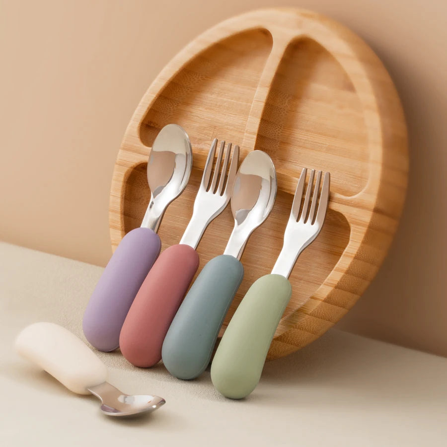 2PCS Baby Silicone Stainless Steel Fork Spoon Portable - side angle