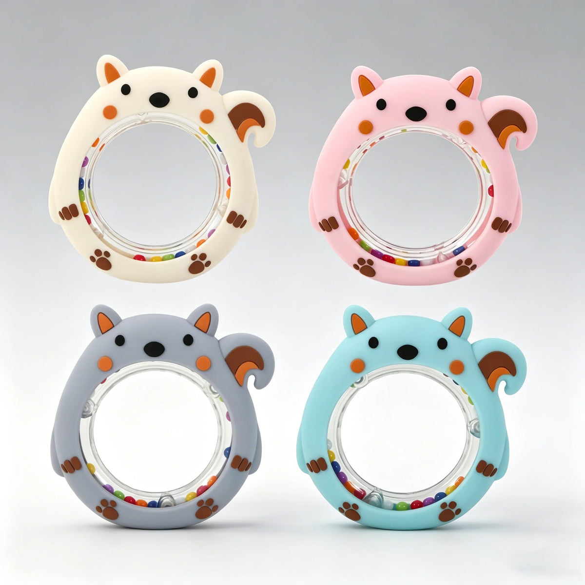4PCS Cartoon Squirrel Teething Ring Rattle Food Grade