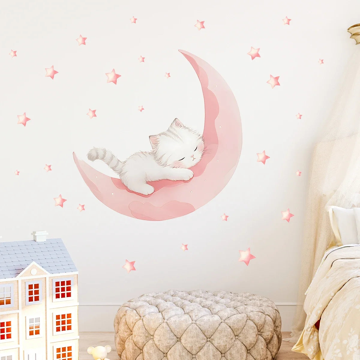 Cartoon Pink Moon Cute Cat Sleep Wall Stickers Baby - feature close-up