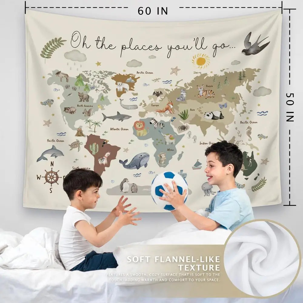 Boho Style Kids World Map Tapestry, 50x60 Inch - packaging view