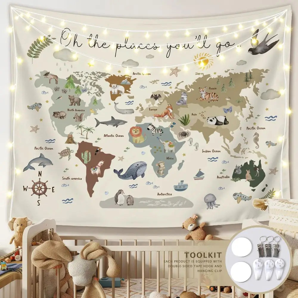 Boho Style Kids World Map Tapestry, 50x60 Inch - lifestyle in-use