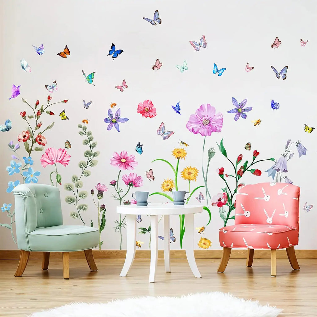 58 Pcs Colorful Flower Wall Stickers Butterfly Bee - front view