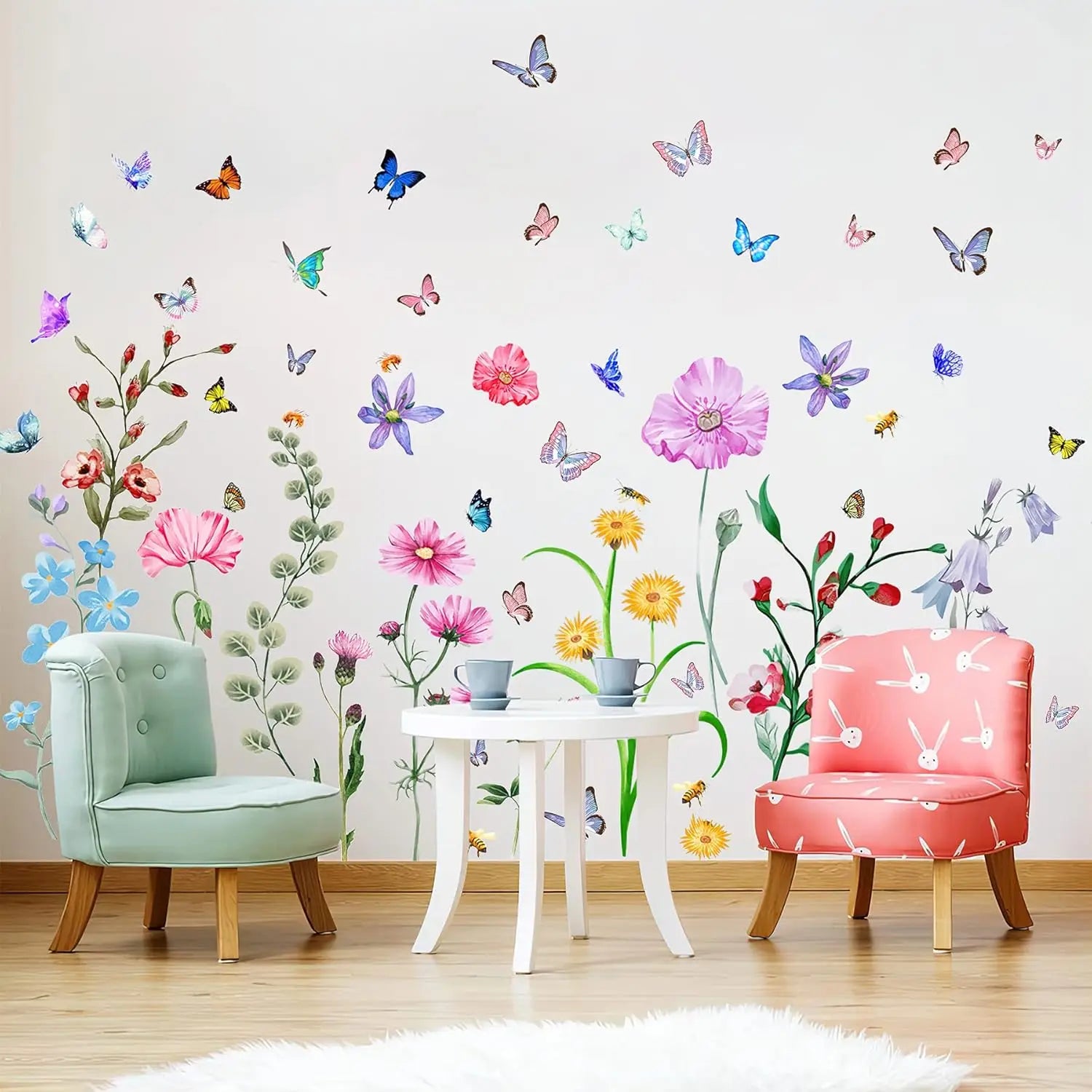 58 Pcs Colorful Flower Wall Stickers Butterfly Bee - front view