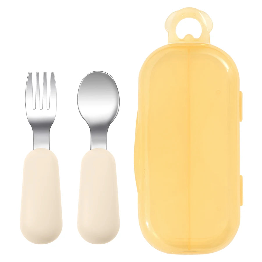 2PCS Baby Silicone Stainless Steel Fork Spoon Portable