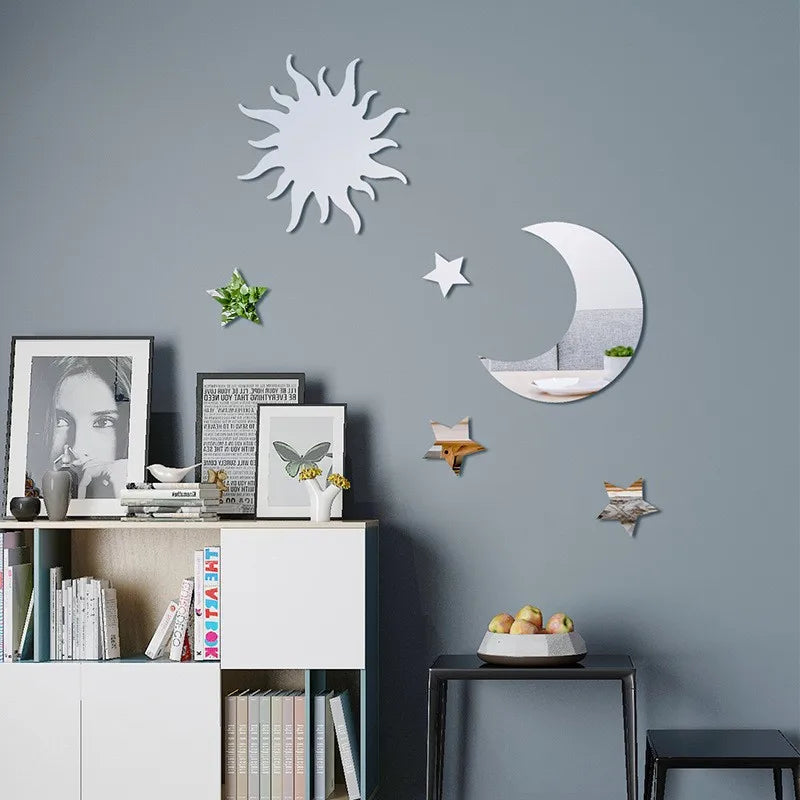 6pcs Moon Star Mirror Wall Stickers Kids Bedroom Decor - size reference