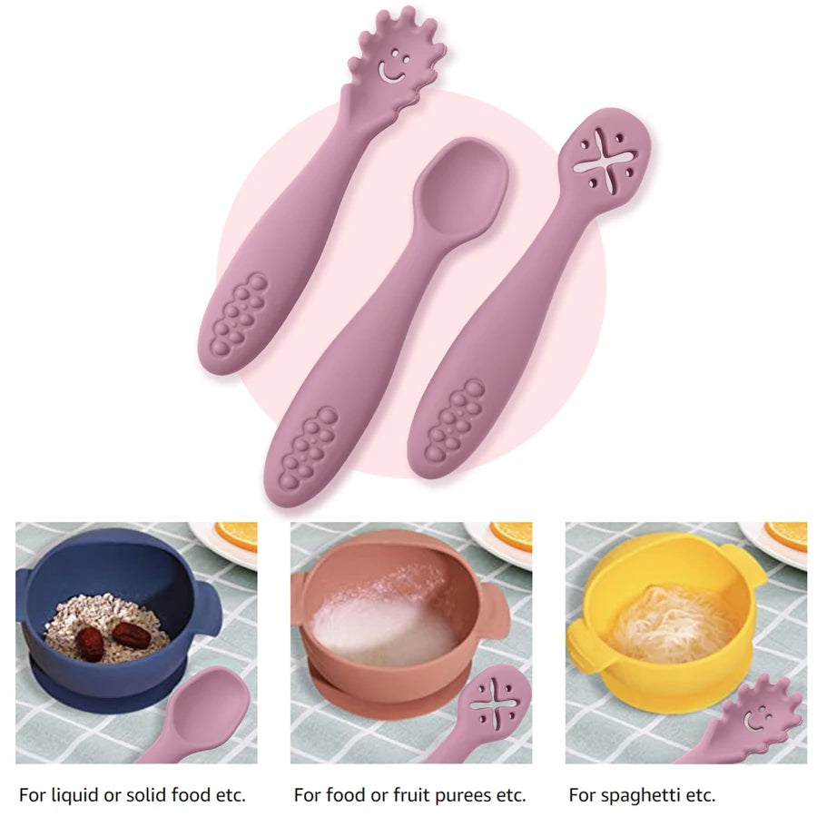 3PCS Silicone Spoon Fork Baby Utensils Set Feeding Food - top-down view