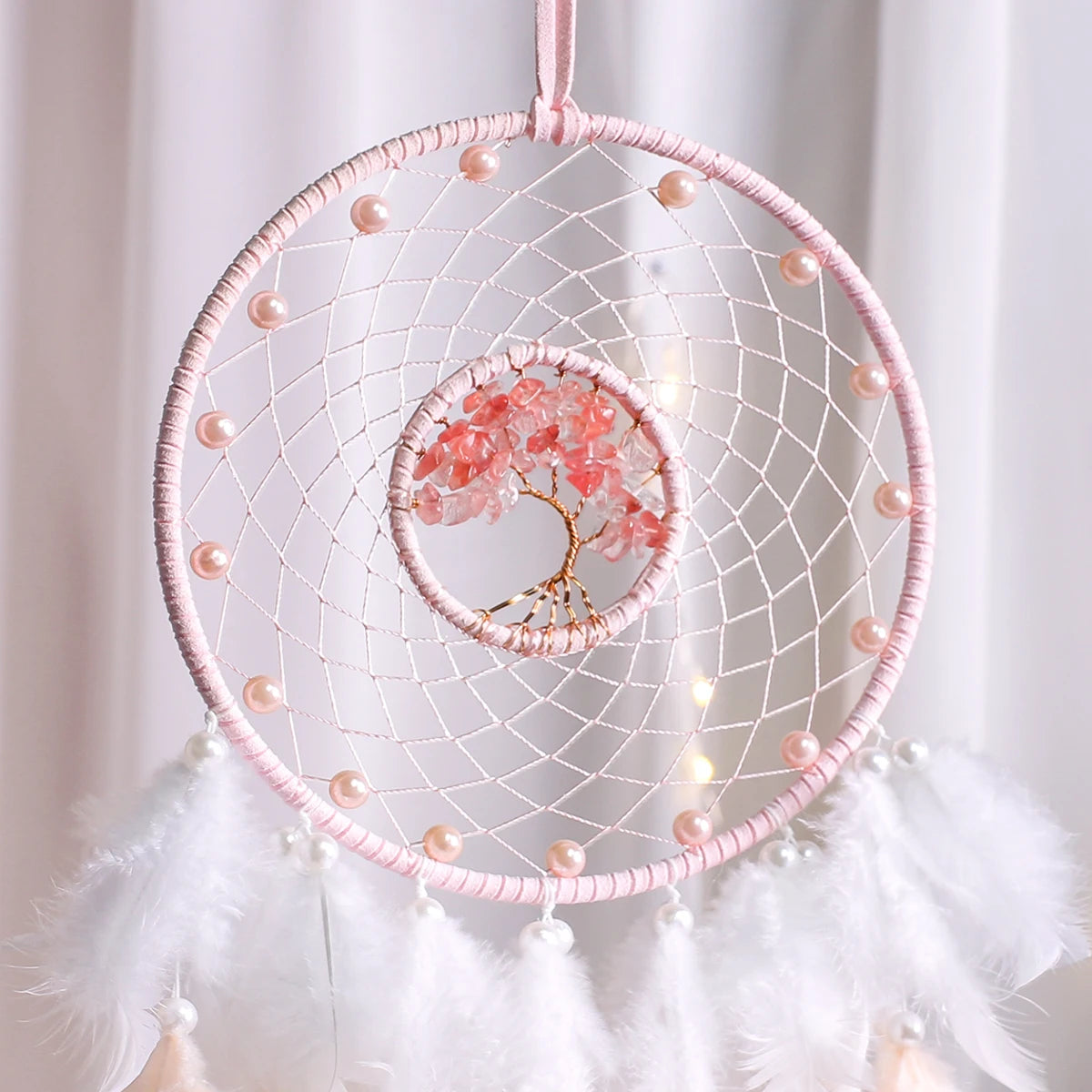 Dream Catcher Pink Tree Life Healing Crystal Stone - lifestyle in-use