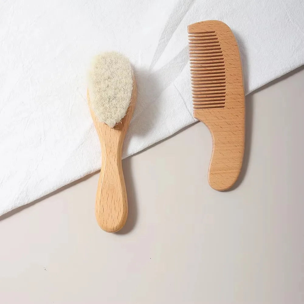 2pcs Baby Comb Set Baby Care Hair Brush Beech Soft Wool - front view