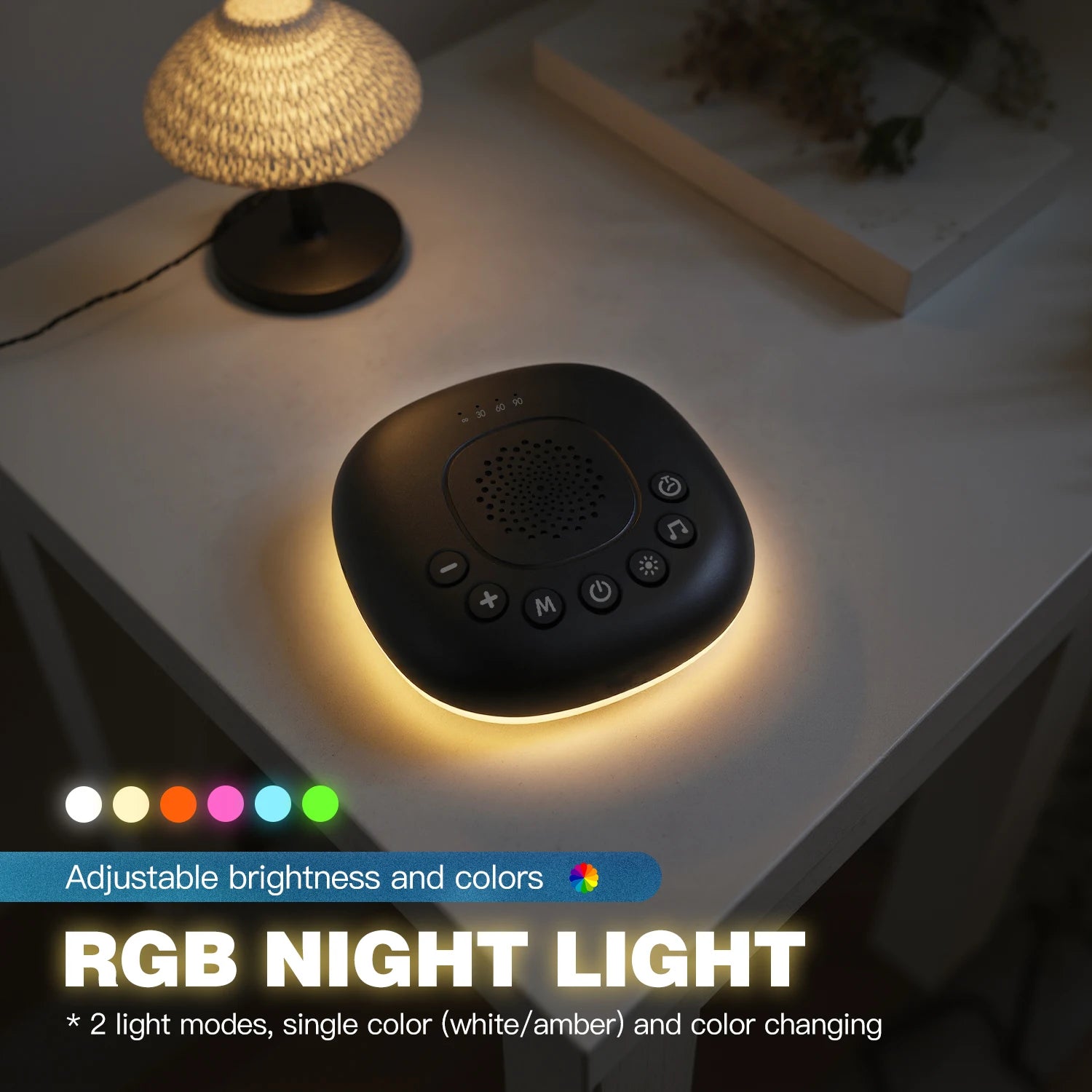 Portable White Noise Machine 20 Sounds RGB Night Light - side angle