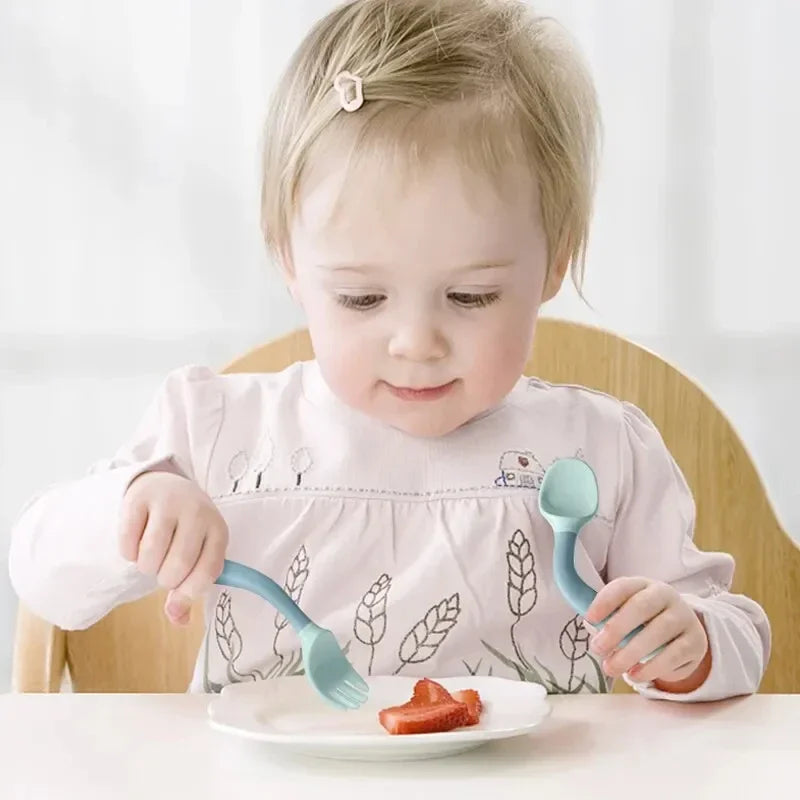 Baby Fork Spoon Set Bendable Toddler Utensils Soft - side angle