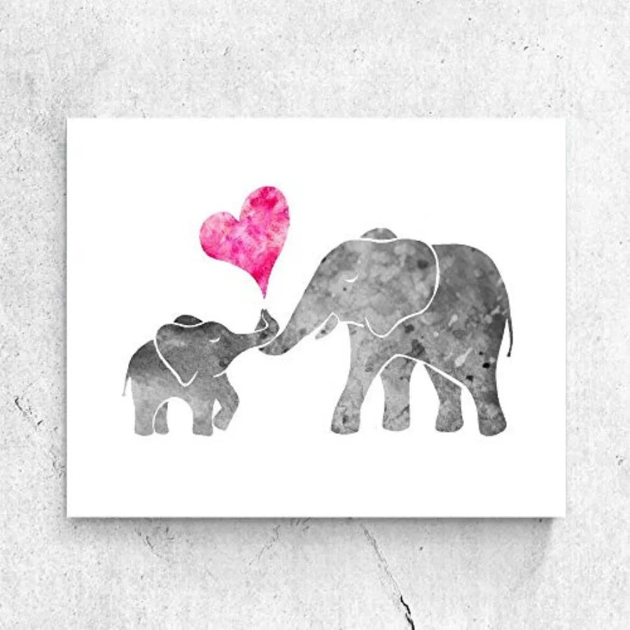 Watercolor Grey Baby Elephant Mom Art Print Painting - lifestyle in-use