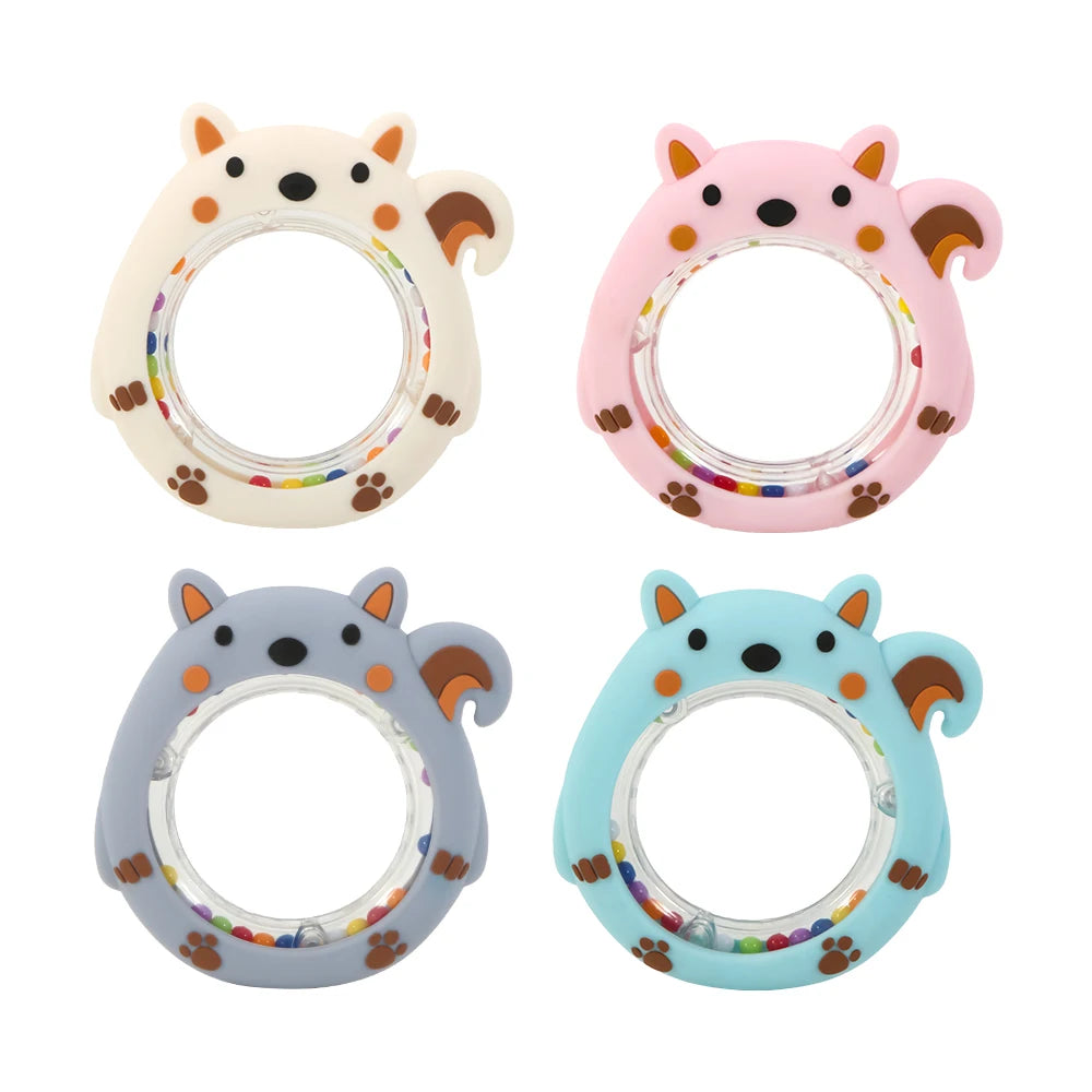 4PCS Cartoon Squirrel Teething Ring Rattle Food Grade