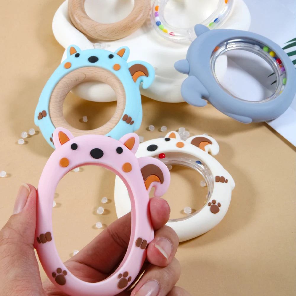 4PCS Cartoon Squirrel Teething Ring Rattle Food Grade - feature close-up