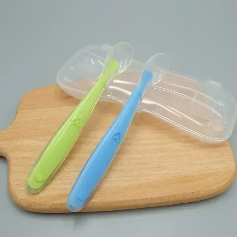 1 2Pcs Silicone Spoon Set Baby Learning eat Training