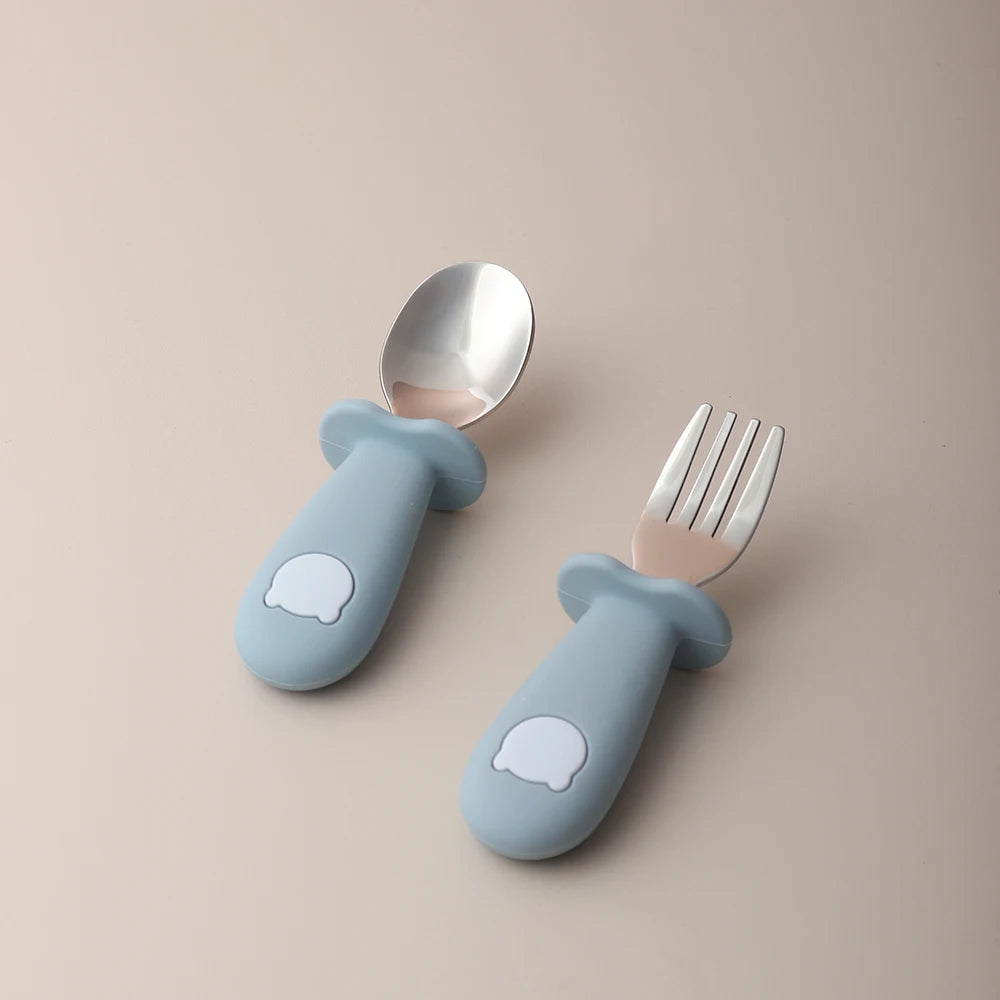 Baby panda shape silicone spoon fork stainless steel - side angle