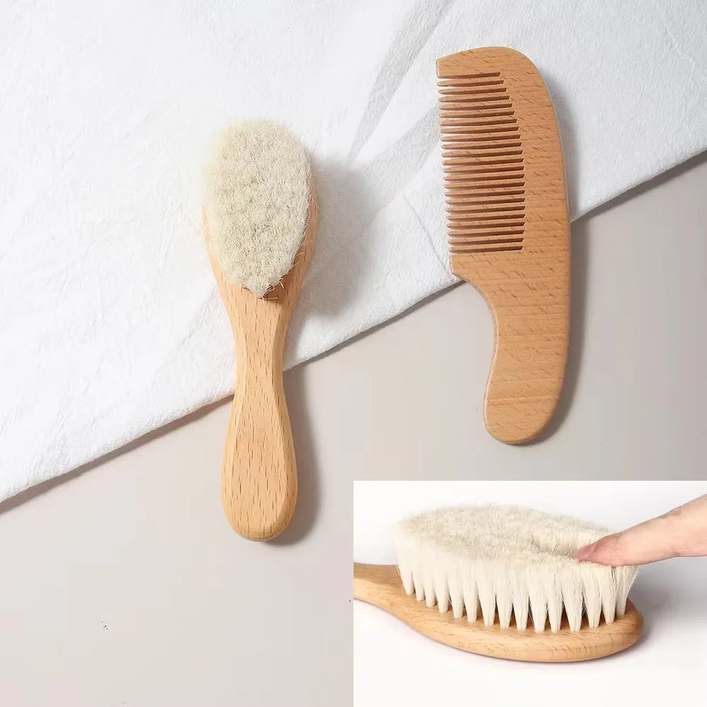 2pcs Baby Comb Set Baby Care Hair Brush Beech Soft Wool - detail view