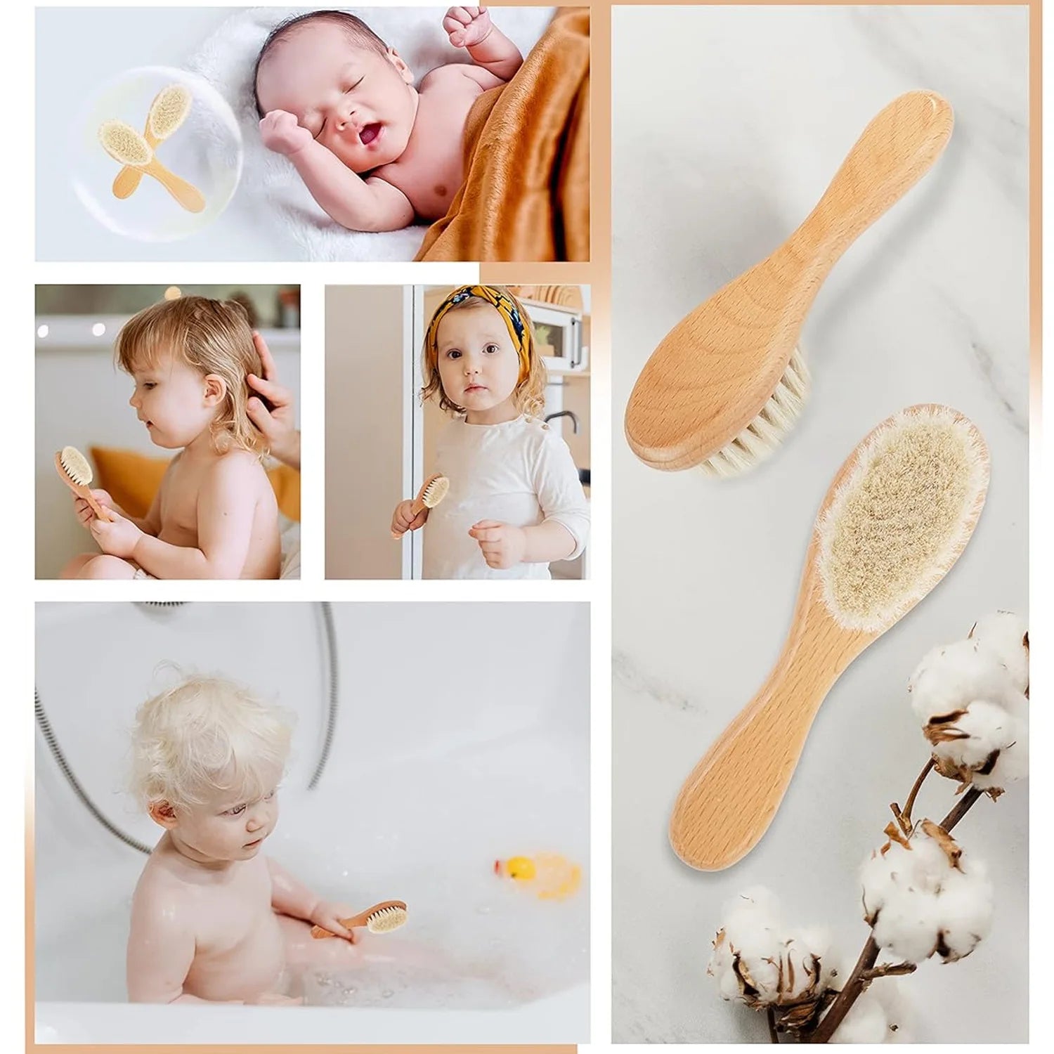 1 2 3PCS Newborn Wool Baby Wooden Brush Comb Newborn