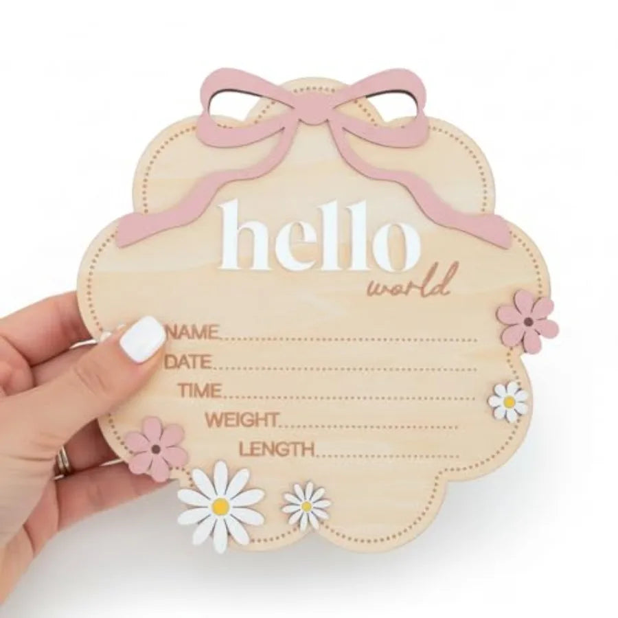 Hello World Wooden Baby Birth Announcement Sign with Pink Bow - packaging view