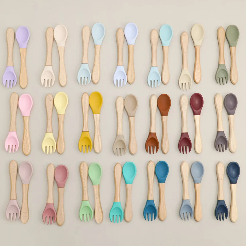 2PCS Baby Learning Spoons Utensils Set Food Grade - set overview