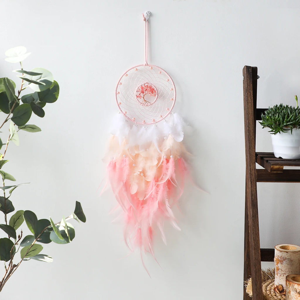 Dream Catcher Pink Tree Life Healing Crystal Stone - feature close-up