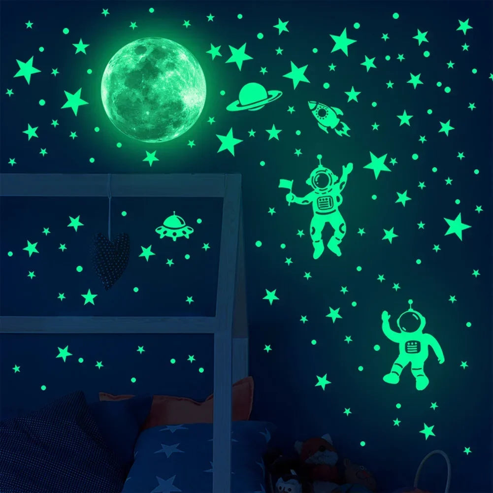 Luminous Astronaut Star Moon Wall Sticker Bedroom Kids - front view