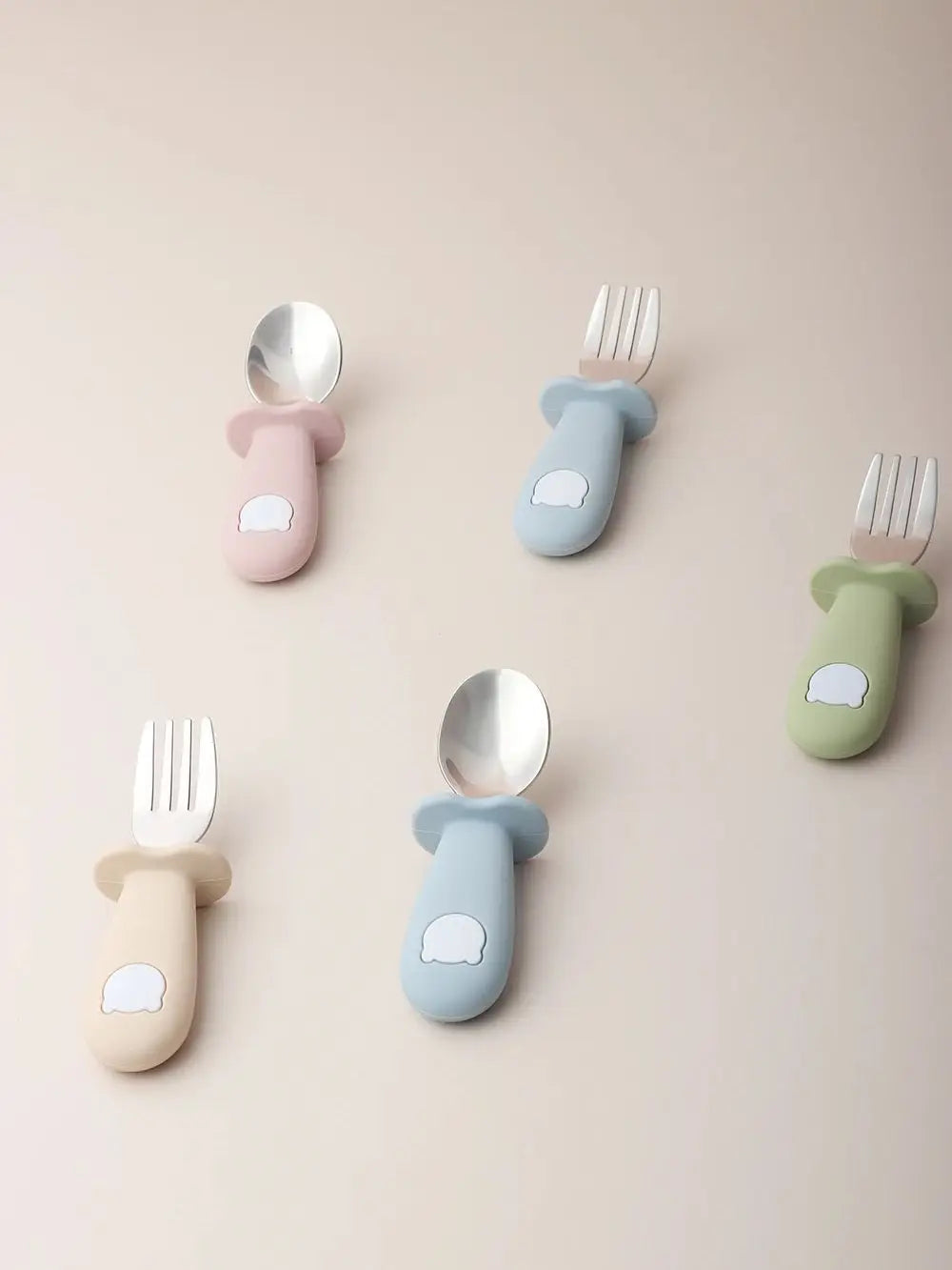 Baby panda shape silicone spoon fork stainless steel - top-down view