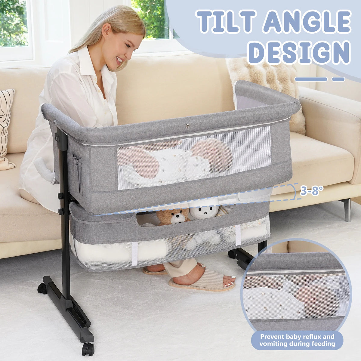 Baby Bedside Bassinet 3-in-1 Baby Crib Headboard Bed - feature close-up