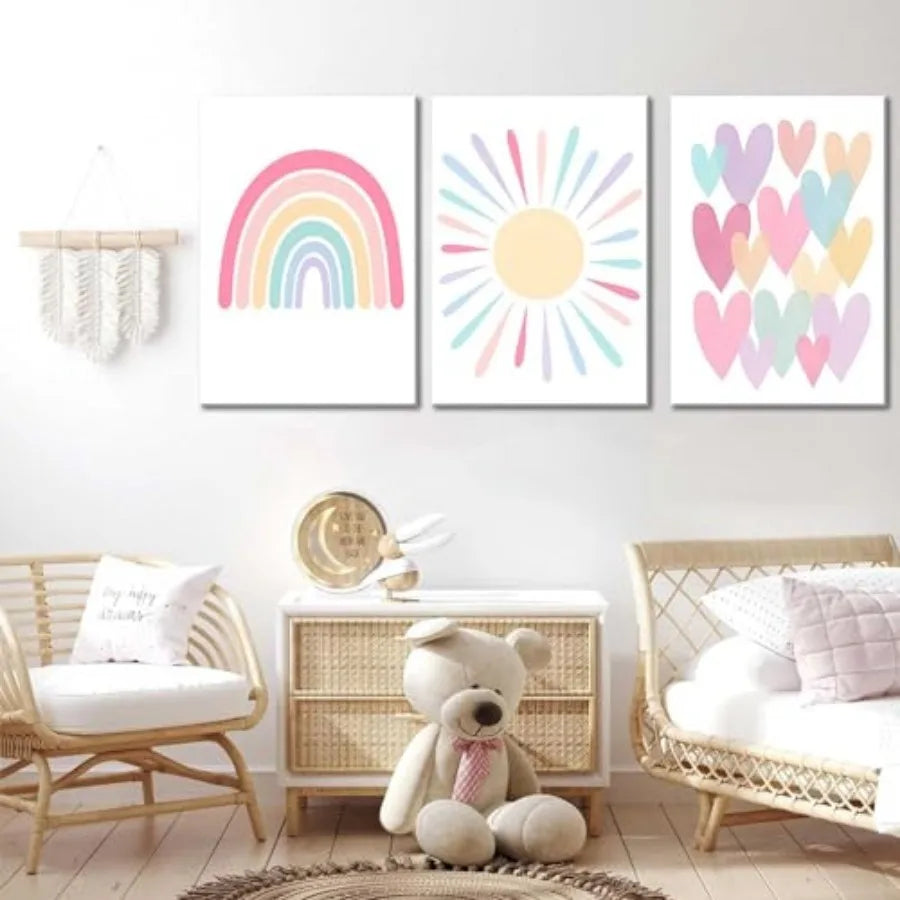 3Pcs Framed Pink Nursery Canvas Wall Art Rainbow Poster - set overview