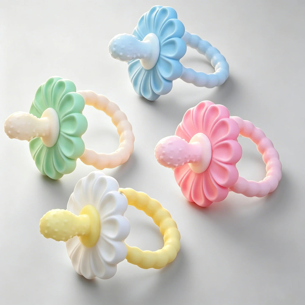 4 Pack Baby Teething Toys Flower Silicone Teether Rings - front view