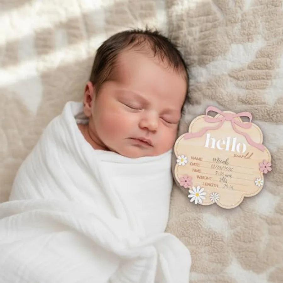 Hello World Wooden Baby Birth Announcement Sign with Pink Bow - size reference