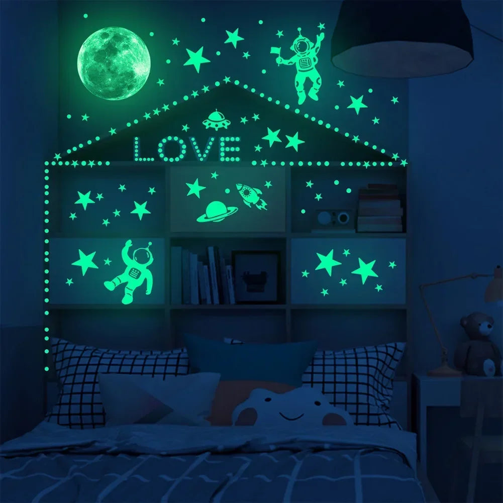 Luminous Astronaut Star Moon Wall Sticker Bedroom Kids - feature close-up