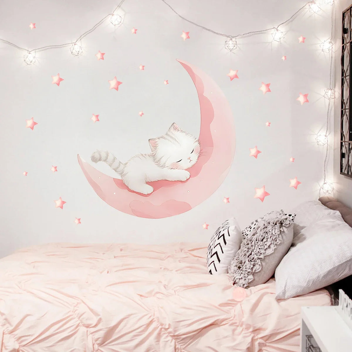 Cartoon Pink Moon Cute Cat Sleep Wall Stickers Baby - front view