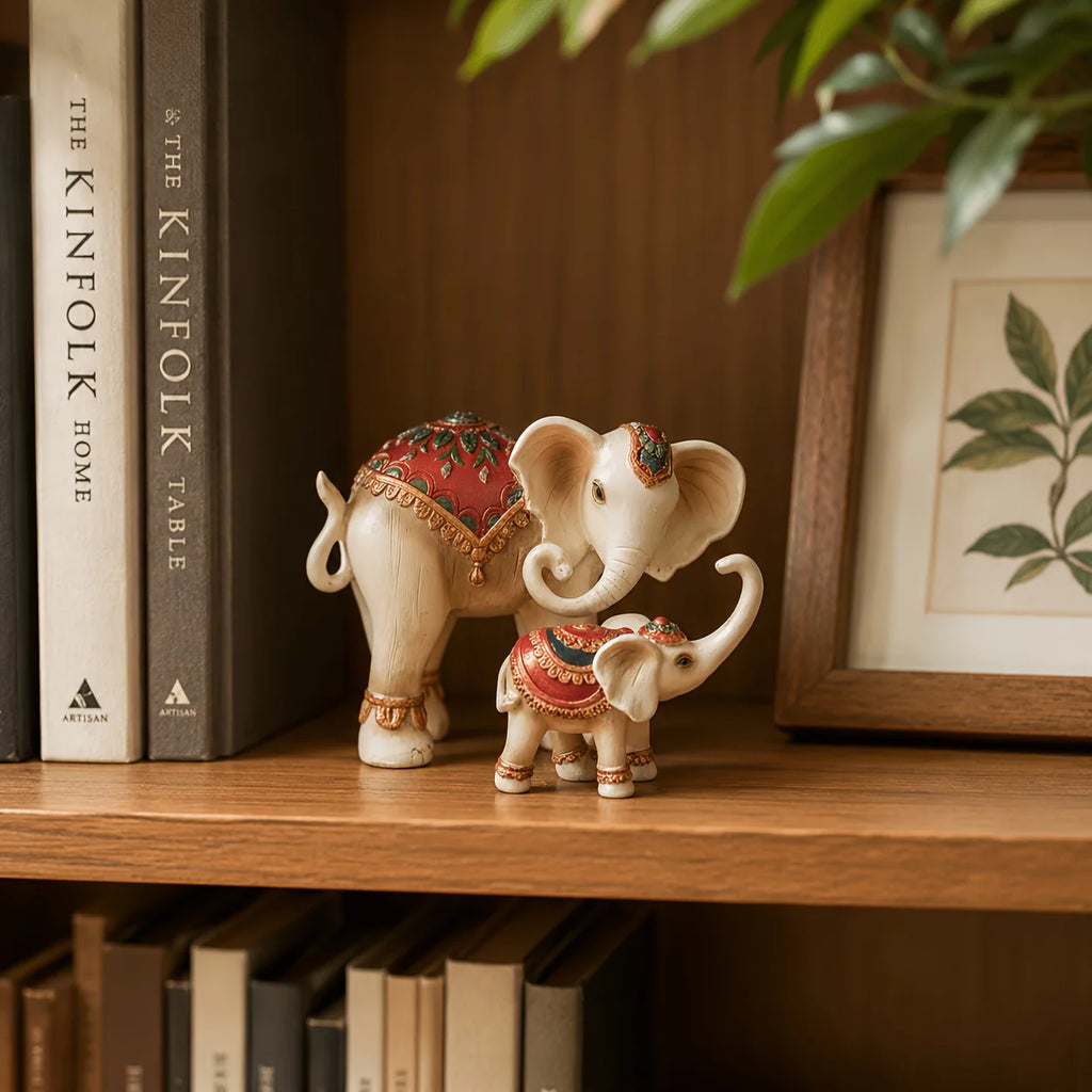 Vintage Painted Tile-Inlaid Mother and Baby Elephant Decor Ornament - size reference