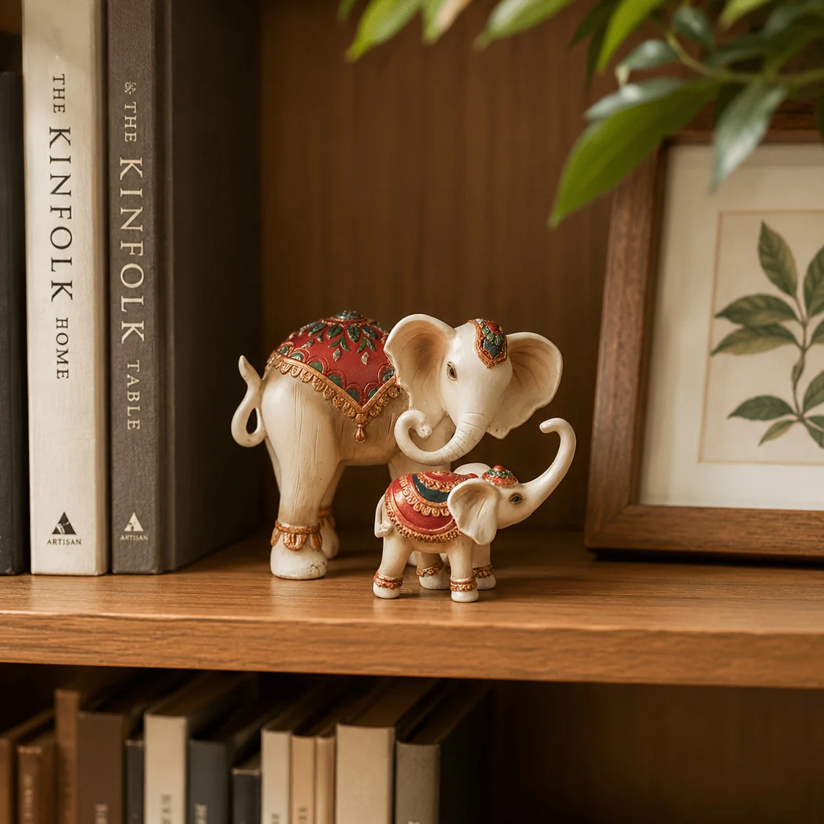 Vintage Painted Tile-Inlaid Mother and Baby Elephant Decor Ornament - size reference